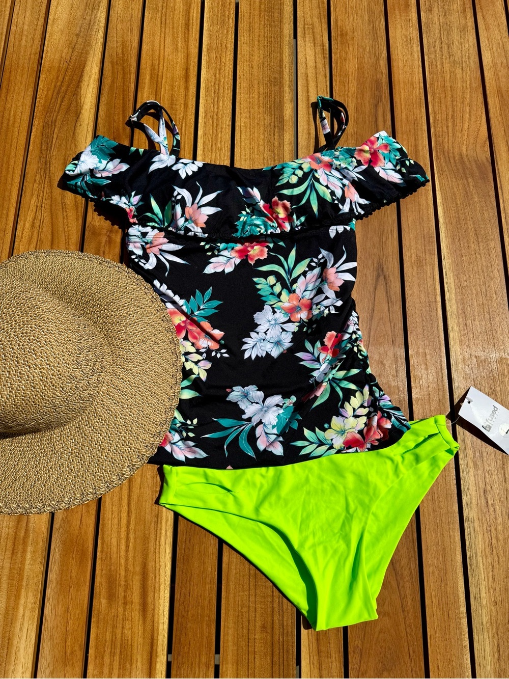 Black Floral Off-Shoulder Tankini Top